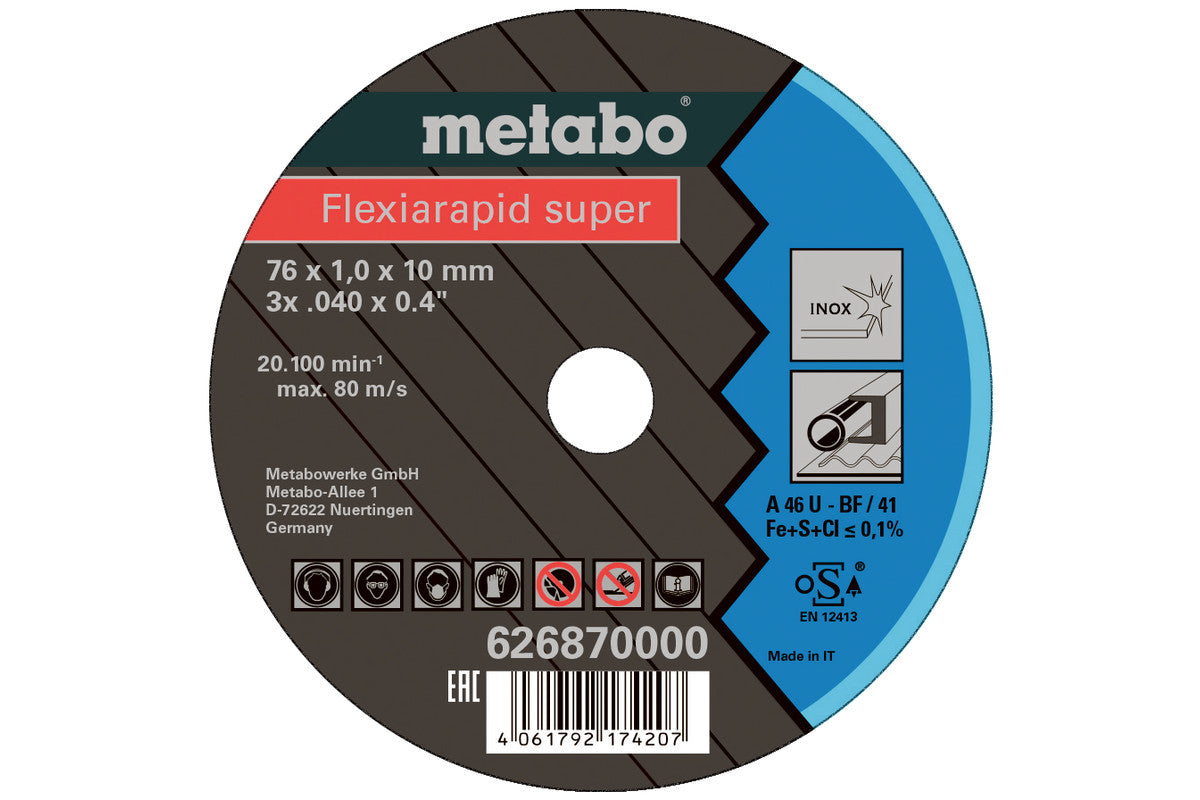 Paquete de 5 discos Metabo Flexiarapid Super 76 x 1.0 x 10.0 mm Inox TF 41, Ref. 626870000