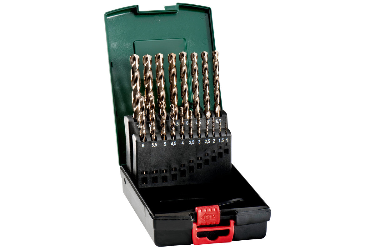 Juego de 19 brocas Metabo HSS-Co en estuche metalico Ø 1mm a 10mm con intervalos de 0,5mm, Ref. 627121000