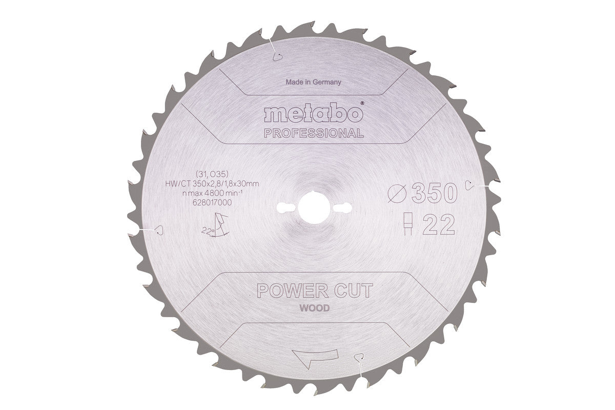Hoja de sierra circular Metabo "power cut wood" professional 350 x 2.8 x 30 de 22 dientes, Ref. 628017000