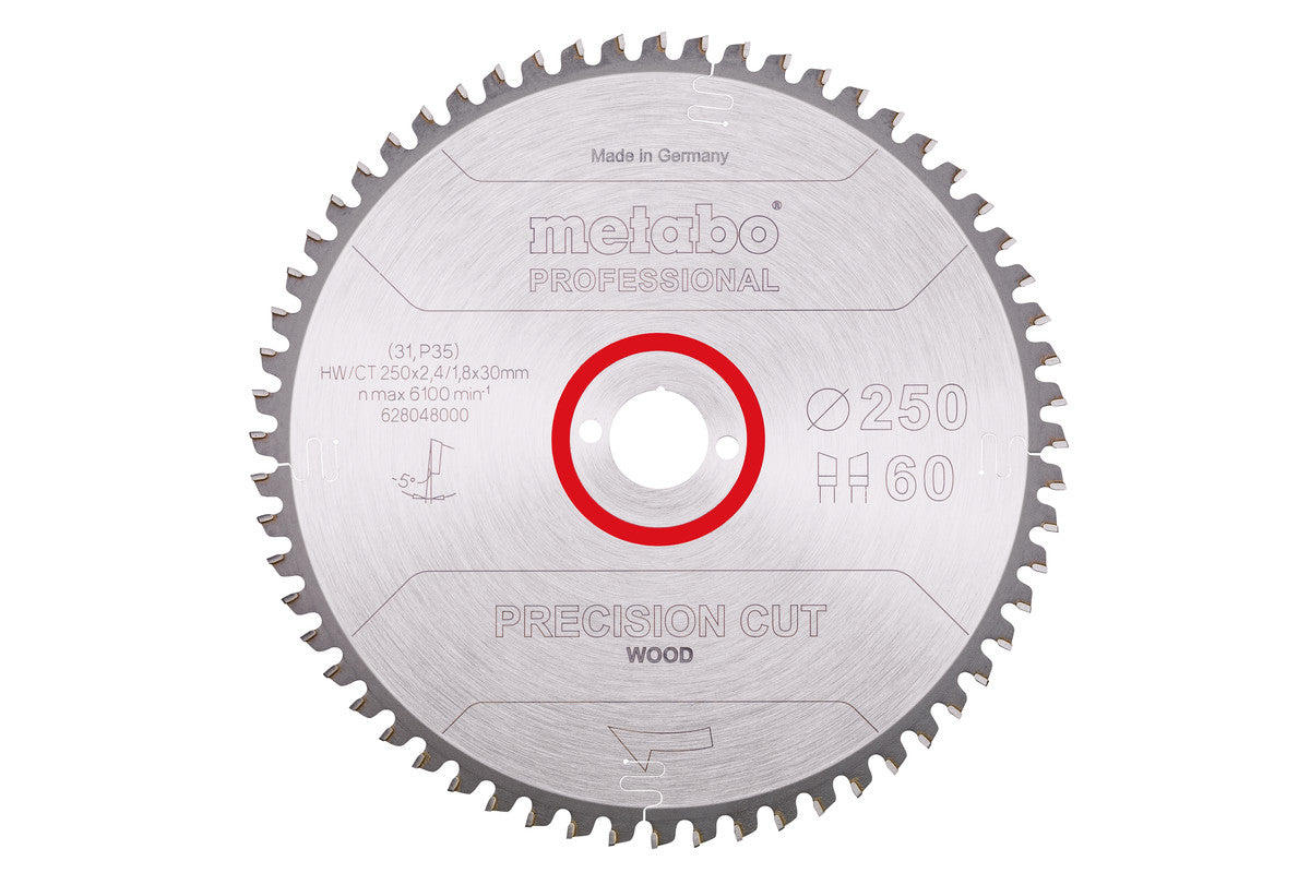 Hoja de sierra Metabo "precision cut wood - professional", 250 x 2.4 x 30 mm de 60 dientes, Ref. 628048000