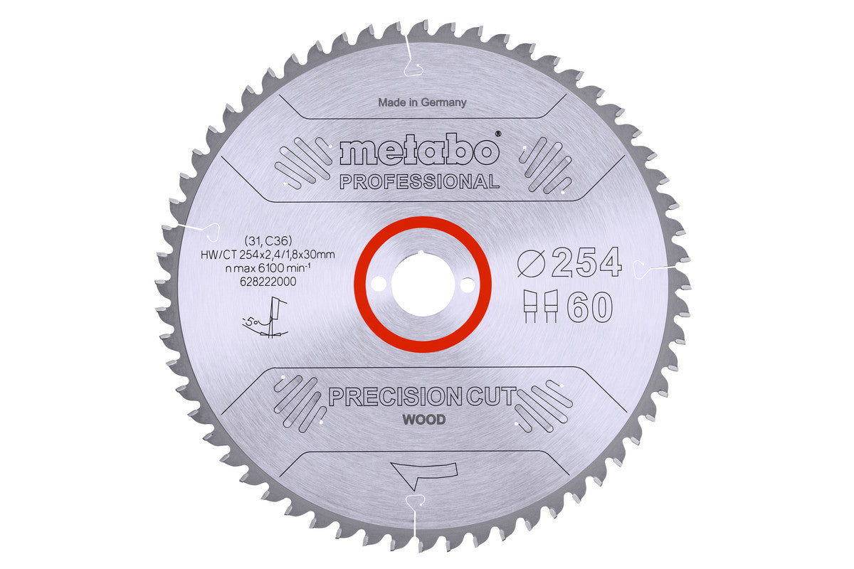 Hoja de sierra circular Metabo de metal duro al wolframio 254 x 2,4 x 30 mm, 60 dientes, Ref. 628222000
