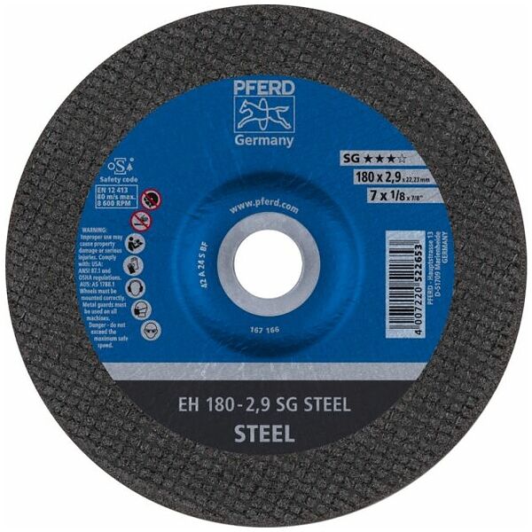 Disco de corte acero PFERD - A 24, 178 x 2.9 x 22.23mm, rpm max. 8600. EH 178-2,9 A24 S-SG/22,23