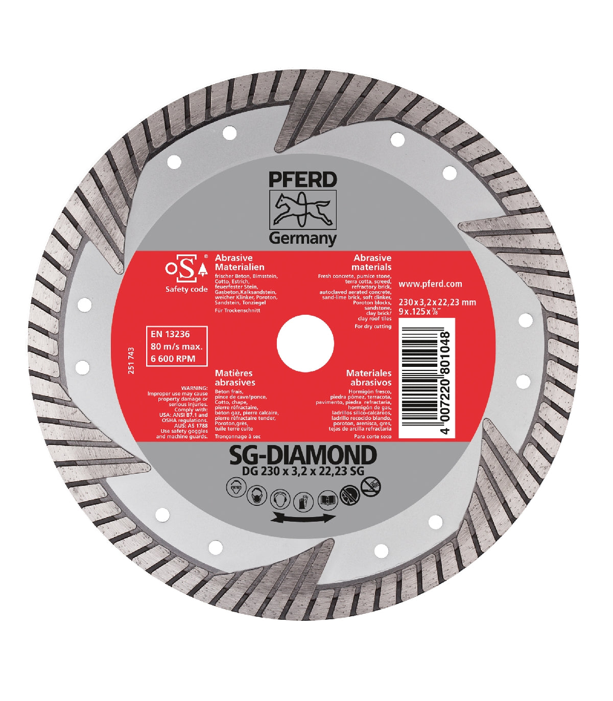 Disco de corte de diamante PFERD. Linea SG alto rendimiento DG 230 x 2,8 x 22,23 SG