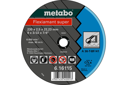 Disco de corte Metabo "Flexiamant Super" acero calidad A 36-T C.D. Ø 125 x 2.0 x 22.2 mm, Ref. 616101000 (embalaje minimo de fabrica 25 unidades)