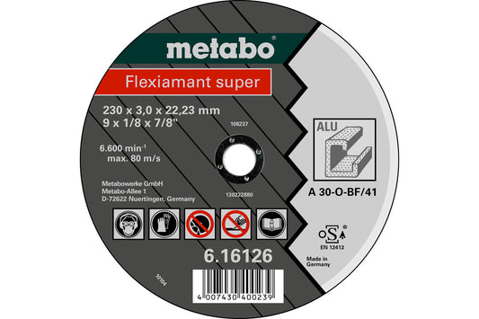 Disco de corte Metabo "Flexiamant Super" Aluminio, calidad A 30 O. Rec. Ø 180 x 3.0 x 22.2 mm, Ref. 616122000 (embalaje minimo de fabrica 25 unidades)