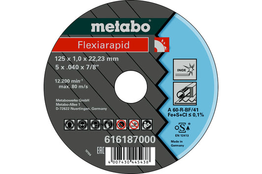 Disco de corte delgado Metabo "Flexiarapid" Inox Ø 125 x 1 x 22,2mm, Ref. 616187000 (embalaje minimo de fabrica 25 unidades)