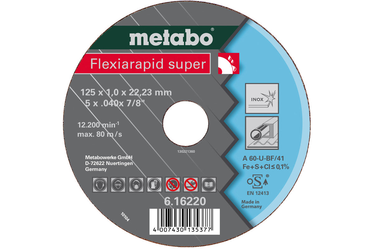 Disco de corte delgado Metabo A 36-U / A 46-U / A 60-U »Flexiarapid Super« Inox HydroResist Inox Ø 125 x 1,6 x 22,2 mm, Ref. 616222000