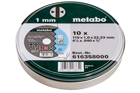 Lata de 10 discos de tronzar Metabo Inox, TF 41 Ø 115 x 1.0 x 22.2, Ref. 616358000