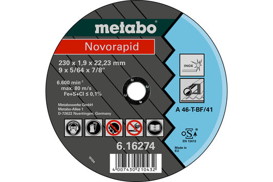 Disco de corte delgado Metabo "Novorapid" Inox Ø 230 x 1,9 x 22,2 mm, Ref. 616496000
