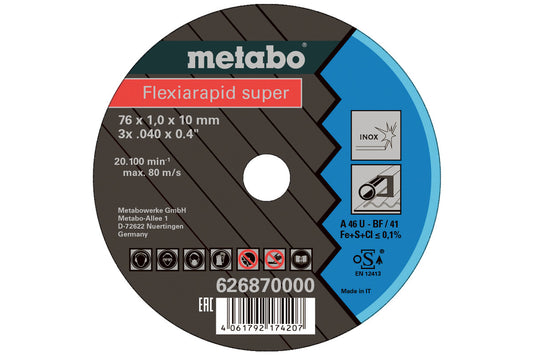 Paquete de 5 discos Metabo Flexiarapid Super 76 x 1.0 x 10.0 mm Inox TF 41, Ref. 626870000
