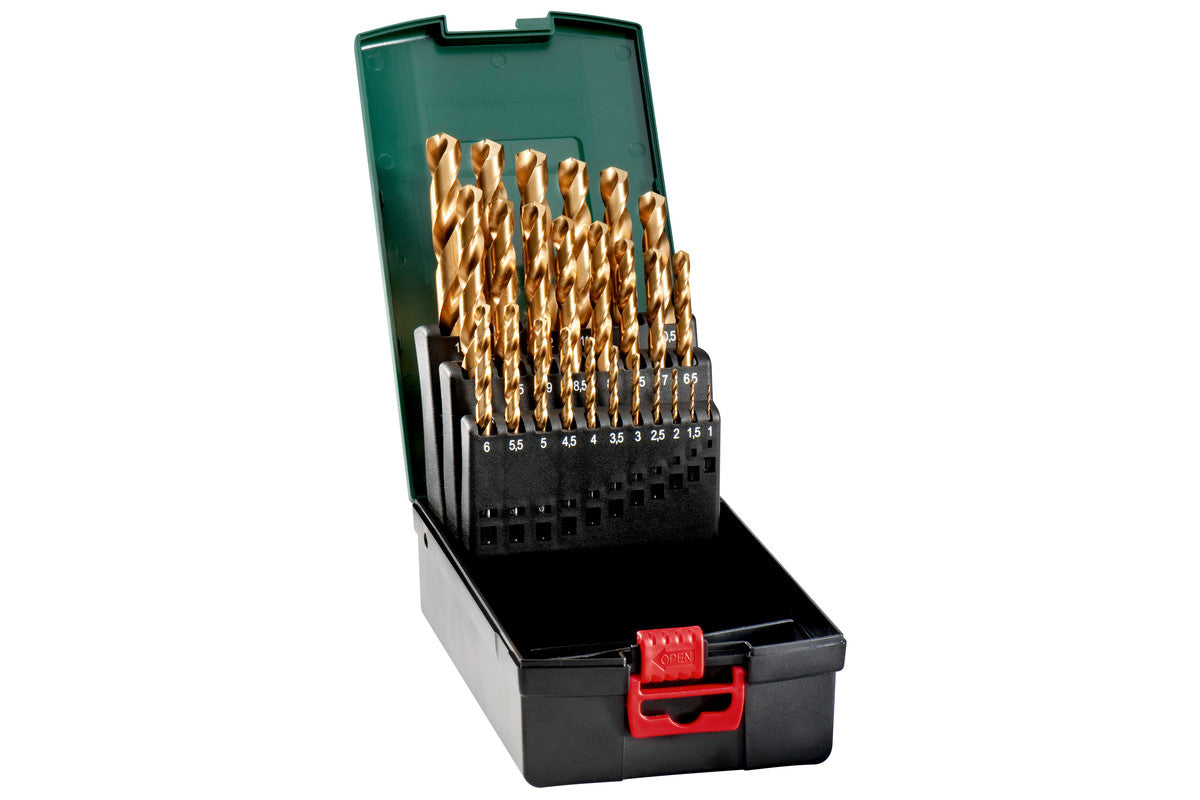 Juego de 25 brocas Metabo HSS-TiN en estuche metalico Ø 1 mm a 13 mm con intervalos de 0,5mm, Ref. 627191000
