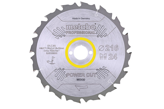 Hoja de sierra circular Metabo "power cut wood" professional 216 x 2.4 x 30 de 24 dientes, Ref. 628009000