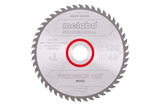 Hojas de sierra circular Metabo "precision cut wood - professional", 190 x 1,4 x 30 mm, 48 dientes, Ref. 628035000