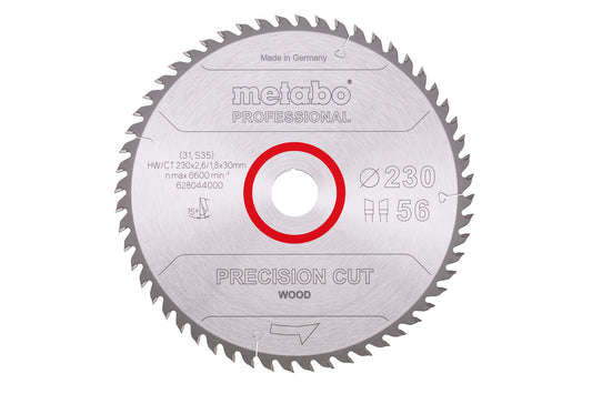 Hoja de sierra Metabo "precision cut wood - professional", 230 x 30, D56 DI 15°, Ref. 628044000
