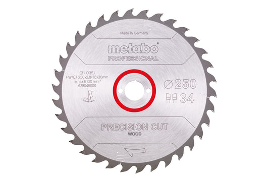 Hoja de sierra circular Metabo 250 x 2.8 x 30 de 34 dientes, Ref. 628045000