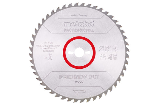 Hoja de sierra circular Metabo de metal duro al wolframio 315 x 2.8 x 30 de 48 dientes, Ref. 628056000