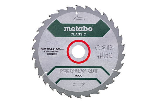Hoja de sierra circular Metabo "precision cut wood" classic, 216 x 2.4 x 30 mm, 30 dientes, Ref. 628062000