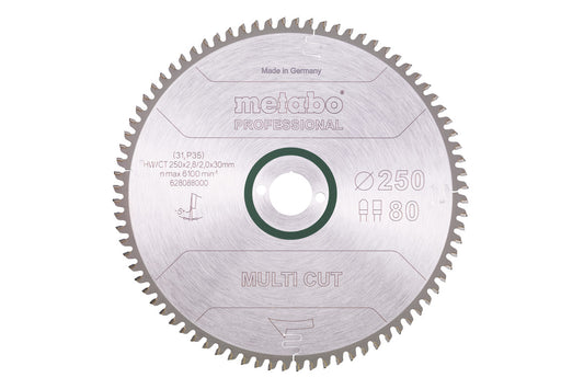Hoja de sierra circular Metabo 250 x 2.8 x 30 de 80 dientes, No ferrosos, Ref. 628088000