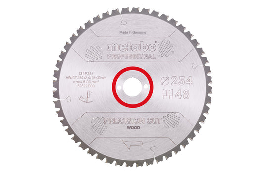 Hoja de sierra circular Metabo de metal duro al wolframio 254 x 2,4 x 30 mm, 48 dientes, Ref. 628221000