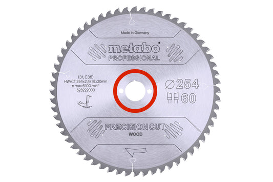 Hoja de sierra circular Metabo de metal duro al wolframio 254 x 2,4 x 30 mm, 60 dientes, Ref. 628222000