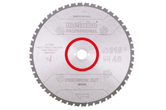 Hoja de sierra circular Metabo de metal duro al wolframio 315 x 2,4 x 30 mm, 48 dientes WZ 5° neg., Ref. 628224000