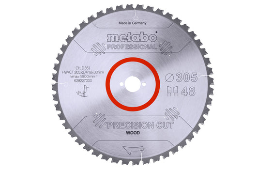 Hoja de sierra circular Metabo de metal duro 305 x 2.4 x 30 de 48 dientes, Ref. 628227000
